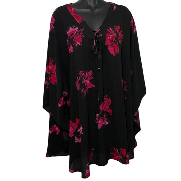 Catherines Womens Plus 2X/3X Black Red Floral Poncho Tunic Top Laced Up Neck - Picture 1 of 9